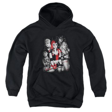 Black youth hoodie for ages 8 to 12 with Harley Quinn Bad Girls graphic