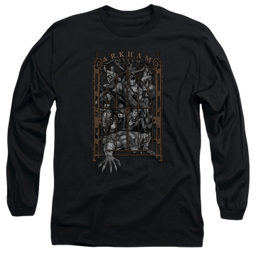 Black men's long sleeve t-shirt with Batman Arkhams Gate graphic