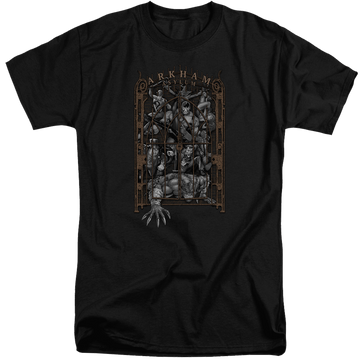 Black men's tall fit t-shirt with Batman Arkhams Gate graphic