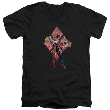 Black men's v-neck t-shirt with Batman Harley Quinn (diamonds) graphic