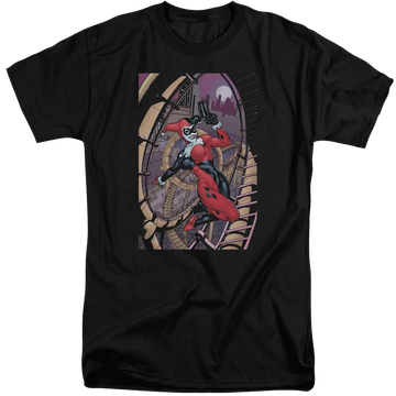 Black men's tall fit t-shirt with Harley Quinn Batman Harley First graphic