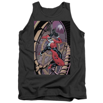 Charcoal men's tank with Harley Quinn Batman Harley First graphic