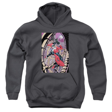Charcoal youth hoodie for ages 8 to 12 with Harley Quinn Harley First graphic