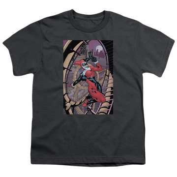 Charcoal youth t-shirt for ages 8 to 12 with Harley Quinn Harley First graphic