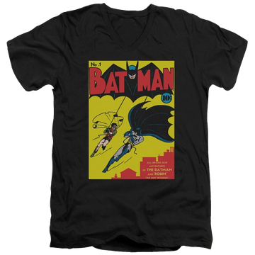 Black men's v-neck t-shirt with Batman First graphic