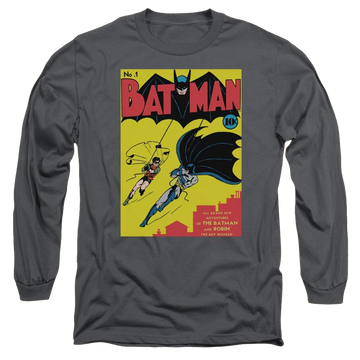 Charcoal men's long sleeve t-shirt with Batman First graphic