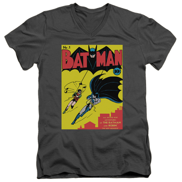 Charcoal men's v-neck t-shirt with Batman First graphic