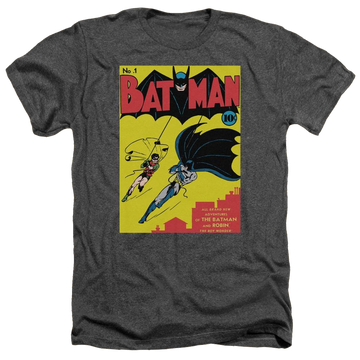Charcoal men's heather t-shirt with Batman First graphic