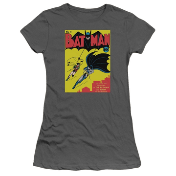 Charcoal juniors t-shirt with Batman First graphic