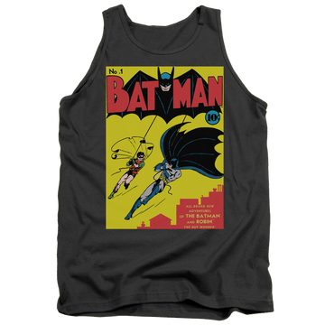 Charcoal men's tank with Batman First graphic