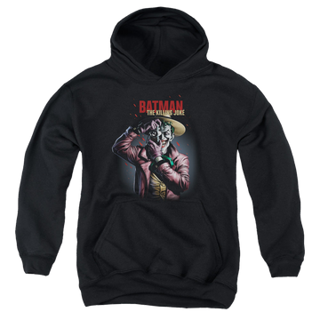 Black youth hoodie for ages 8 to 12 with Joker Killing Joke Camera graphic