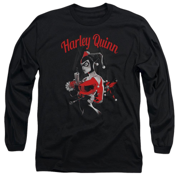 Black men's long sleeve t-shirt with Harley Quinn Batman Spring Gun graphic