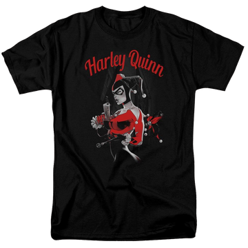 Black men's regular fit t-shirt with Harley Quinn Batman Spring Gun graphic