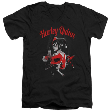 Black men's v-neck t-shirt with Harley Quinn Batman Spring Gun graphic