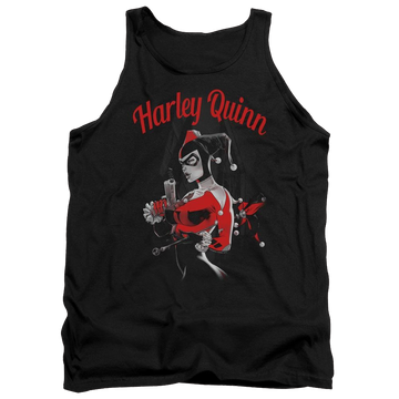 Black men's tank with Harley Quinn Batman Spring Gun graphic