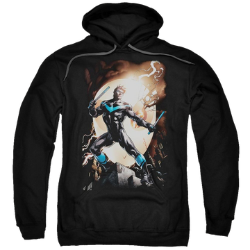 Black pullover hoodie with Batman Nightwing Against Owls graphic