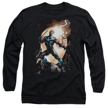 Black men's long sleeve t-shirt with Batman Nightwing Against Owls graphic