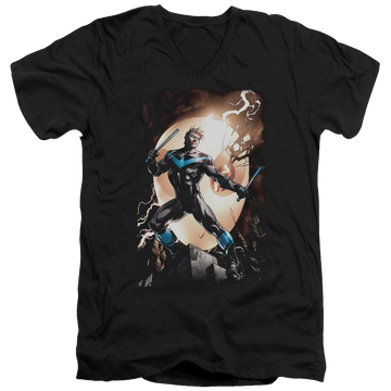Black men's v-neck t-shirt with Batman Nightwing Against Owls graphic