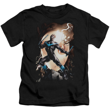 Black kid's t-shirt for ages 4 to 7 with Nightwing Against Owls graphic