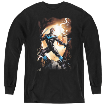 Black youth long sleeve t-shirt with Nightwing Against Owls graphic