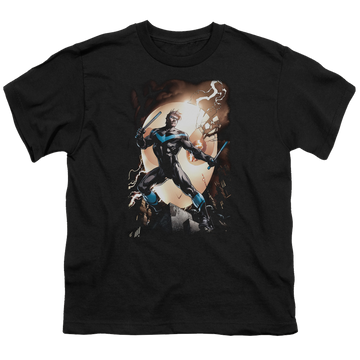 Black youth t-shirt for ages 8 to 12 with Nightwing Against Owls graphic