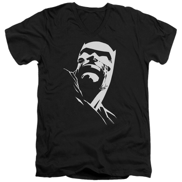 Black men's v-neck t-shirt with Batman Dkr Head graphic