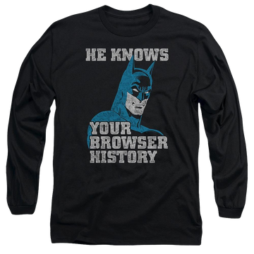 Black men's long sleeve t-shirt with Batman Knows graphic