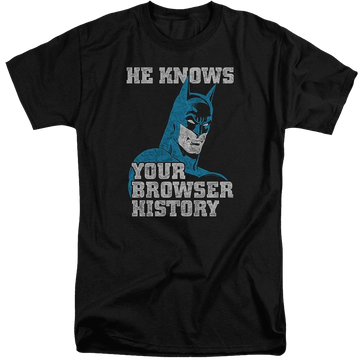 Black men's tall fit t-shirt with Batman Knows graphic