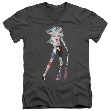 Charcoal men's v-neck t-shirt with Harley Quinn Scene Inside graphic