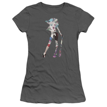 Charcoal juniors t-shirt with Harley Quinn Batman Scene Inside graphic