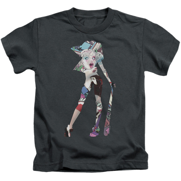 Charcoal kid's t-shirt for ages 4 to 7 with Harley Quinn Scene Inside graphic