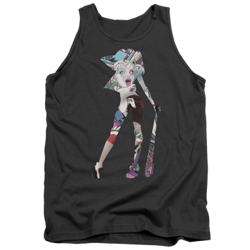 Charcoal men's tank with Harley Quinn Batman Scene Inside graphic