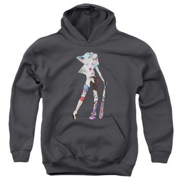 Charcoal youth hoodie for ages 8 to 12 with Harley Quinn Scene Inside graphic