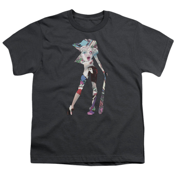 Charcoal youth t-shirt for ages 8 to 12 with Harley Quinn Scene Inside graphic