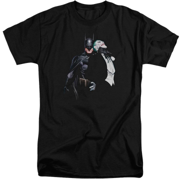 Black men's tall fit t-shirt with Batman Joker Choke graphic