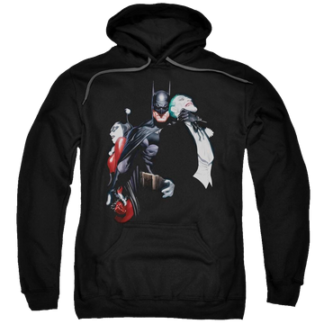 Black pullover hoodie with Harley Quinn Batman Joker Harley Choke graphic