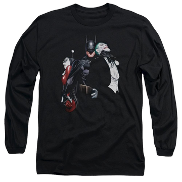 Black men's long sleeve t-shirt with Harley Quinn Batman Joker Harley Choke graphic
