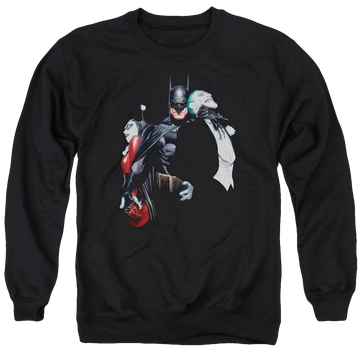 Black men's crewneck sweatshirt with Harley Quinn Batman Joker Harley Choke graphic