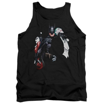 Black men's tank with Harley Quinn Batman Joker Harley Choke graphic