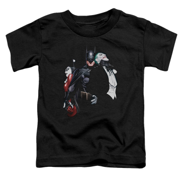 Black toddler t-shirt with Harley Quinn Joker Harley Choke graphic