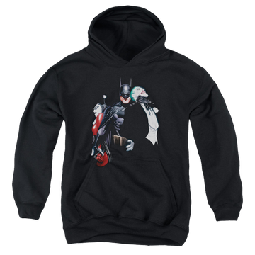 Black youth hoodie for ages 8 to 12 with Harley Quinn Joker Harley Choke graphic
