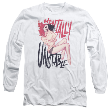 White men's long sleeve t-shirt with Harley Quinn Batman Unstable graphic