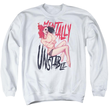White men's crewneck sweatshirt with Harley Quinn Batman Unstable graphic