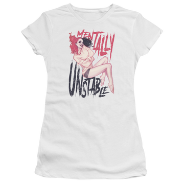 White juniors t-shirt with Harley Quinn Batman Unstable graphic