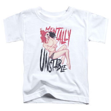 White toddler t-shirt with Harley Quinn Unstable graphic