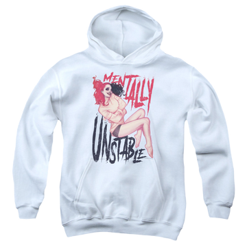 White youth hoodie for ages 8 to 12 with Harley Quinn Unstable graphic