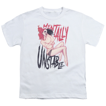 White youth t-shirt for ages 8 to 12 with Harley Quinn Unstable graphic