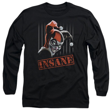 Black men's long sleeve t-shirt with Harley Quinn Batman Insane graphic