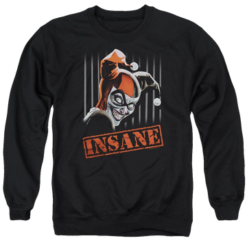 Black men's crewneck sweatshirt with Harley Quinn Batman Insane graphic