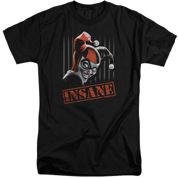 Black men's tall fit t-shirt with Harley Quinn Batman Insane graphic